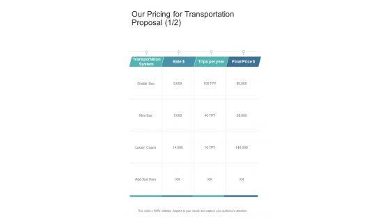 Our Pricing For Transportation Proposal One Pager Sample Example Document