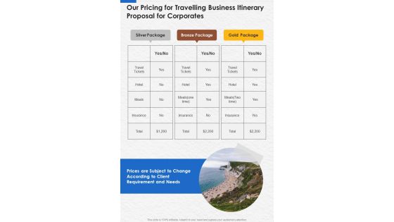 Our Pricing For Travelling Business Itinerary Proposal For Corporates One Pager Sample Example Document