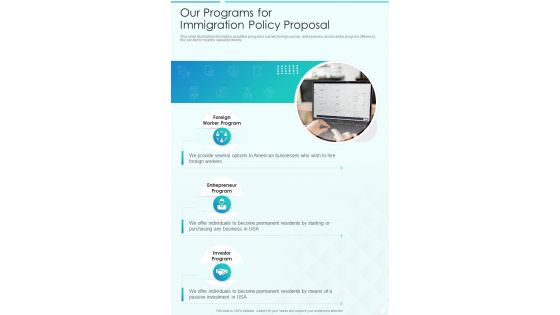 Our Programs For Immigration Policy Proposal One Pager Sample Example Document