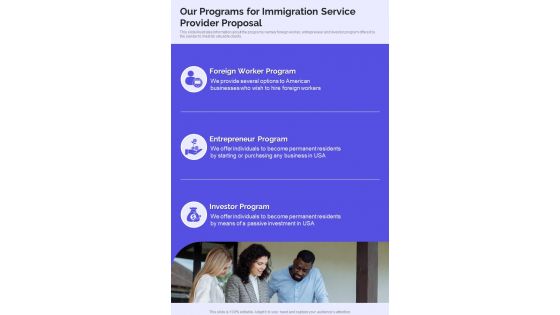 Our Programs For Immigration Service Provider Proposal One Pager Sample Example Document
