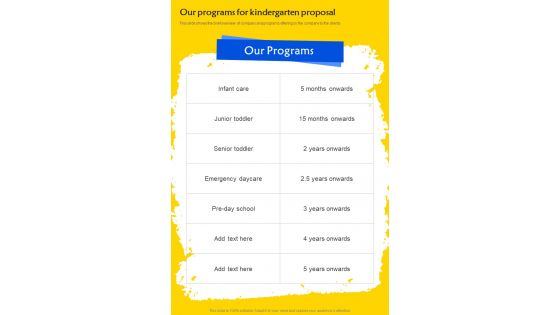Our Programs For Kindergarten Proposal One Pager Sample Example Document