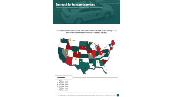 Our Reach For Transport Services Business Proposal For Transport One Pager Sample Example Document