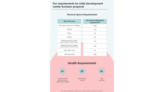 Our Requirements For Child Development Center Business Proposal One Pager Sample Example Document