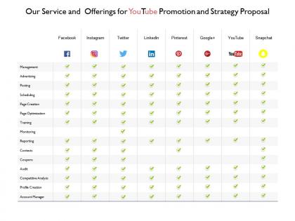 Our service and offerings for youtube promotion and strategy proposal ppt slides