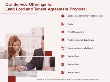 Our service offerings for land lord and tenant agreement proposal ppt powerpoint presentation slides