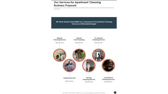 Our Services For Apartment Cleaning Business Proposal One Pager Sample Example Document