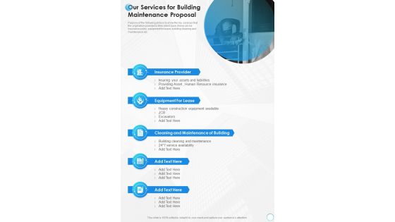 Our Services For Building Maintenance Proposal One Pager Sample Example Document