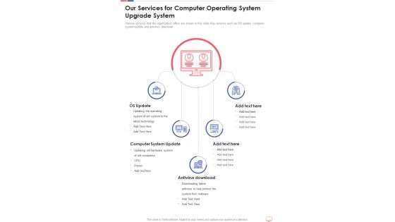 Our Services For Computer Operating System Upgrade System One Pager Sample Example Document