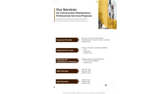 Our Services For Construction Maintenance Professional Services Proposal One Pager Sample Example Document