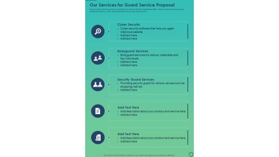 Our Services For Guard Service Proposal One Pager Sample Example Document