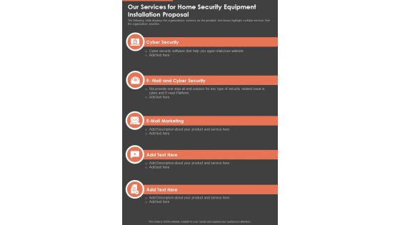 Our Services For Home Security Equipment Installation Proposal One Pager Sample Example Document