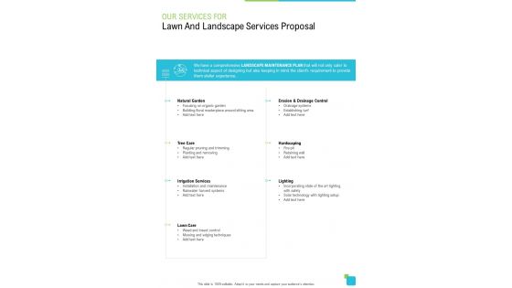 Our Services For Lawn And Landscape Services Proposal One Pager Sample Example Document