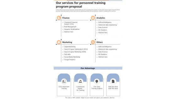 Our Services For Personnel Training Program Proposal One Pager Sample Example Document