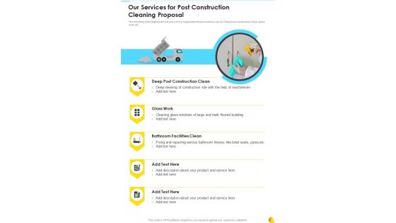 Our Services For Post Construction Cleaning Proposal One Pager Sample Example Document