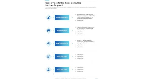 Our Services For Pre Sales Consulting Services Proposal One Pager Sample Example Document