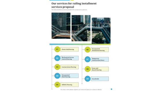 Our Services For Railing Installment Services Proposal One Pager Sample Example Document