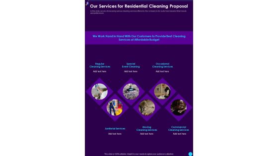 Our Services For Residential Cleaning Proposal One Pager Sample Example Document