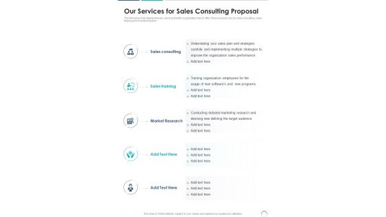 Our Services For Sales Consulting Proposal One Pager Sample Example Document