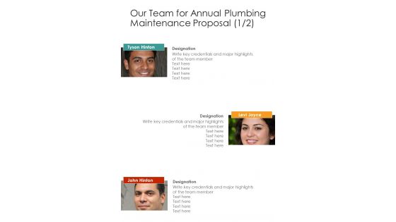 Our Team For Annual Plumbing Maintenance Proposal One Pager Sample Example Document