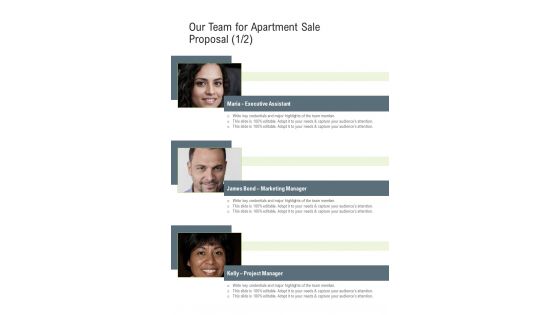 Our Team For Apartment Sale Proposal One Pager Sample Example Document