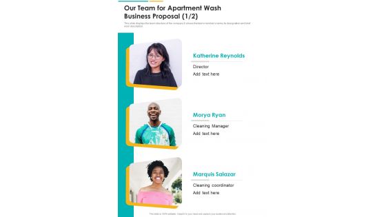 Our Team For Apartment Wash Business Proposal One Pager Sample Example Document