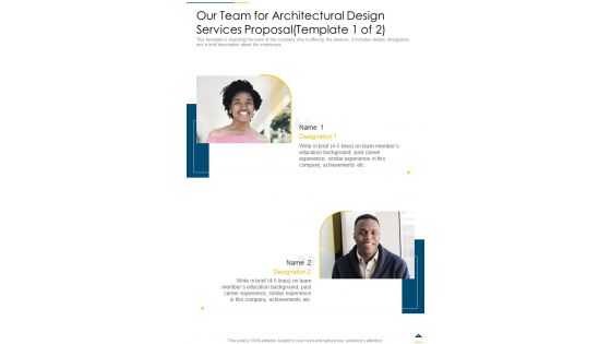 Our Team For Architectural Design Services Proposal One Pager Sample Example Document