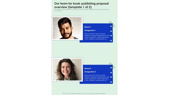 Our Team For Book Publishing Proposal Overview One Pager Sample Example Document