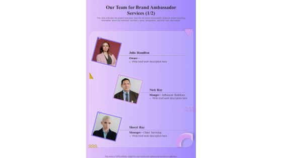 Our Team For Brand Ambassador Services One Pager Sample Example Document