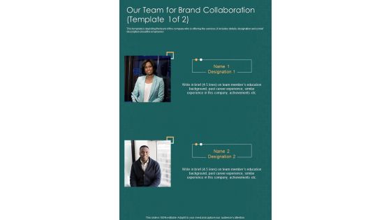 Our Team For Brand Collaboration One Pager Sample Example Document