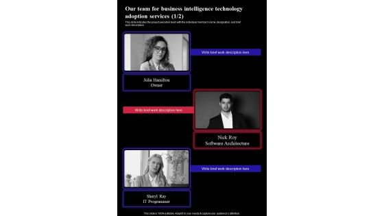 Our Team For Business Intelligence Technology Adoption Services One Pager Sample Example Document