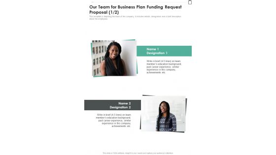 Our Team For Business Plan Funding Request Proposal One Pager Sample Example Document