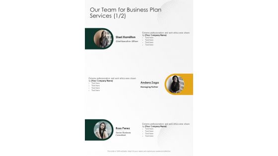 Our Team For Business Plan Services One Pager Sample Example Document