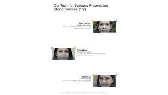 Our Team For Business Presentation Styling Services One Pager Sample Example Document