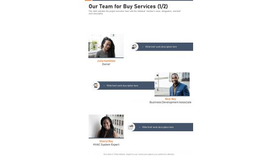 Our Team For Buy Services One Pager Sample Example Document