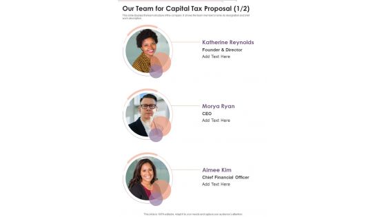 Our Team For Capital Tax Proposal One Pager Sample Example Document
