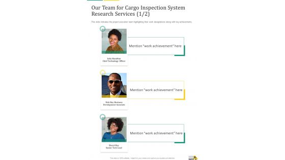 Our Team For Cargo Inspection System Research Services One Pager Sample Example Document