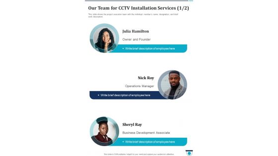 Our Team For Cctv Installation Services One Pager Sample Example Document