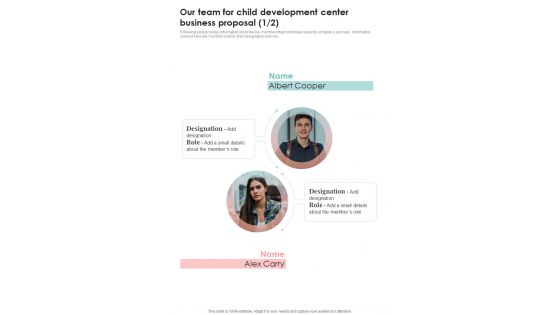 Our Team For Child Development Center Business Proposal One Pager Sample Example Document