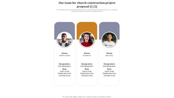 Our Team For Church Construction Project Proposal One Pager Sample Example Document