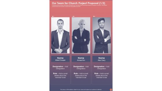 Our Team For Church Project Proposal One Pager Sample Example Document