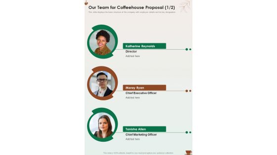 Our Team For Coffeehouse Proposal One Pager Sample Example Document