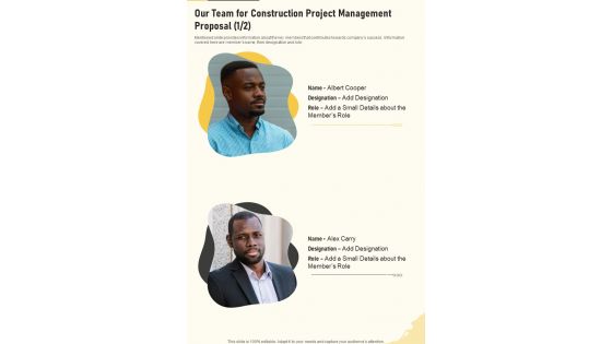 Our Team For Construction Project Management Proposal One Pager Sample Example Document