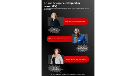 Our Team For Corporate Transportation Proposal To Hire Corporate One Pager Sample Example Document