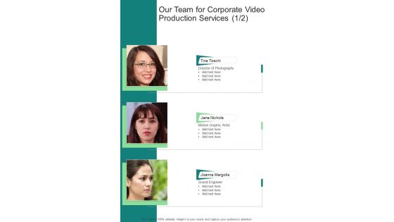 Our Team for Corporate Video Production Services One pager sample example document
