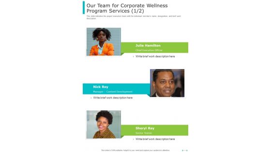 Our Team For Corporate Wellness Program Services One Pager Sample Example Document