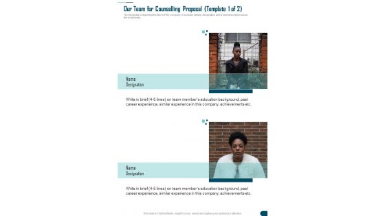 Our Team For Counselling Proposal Template One Pager Sample Example Document