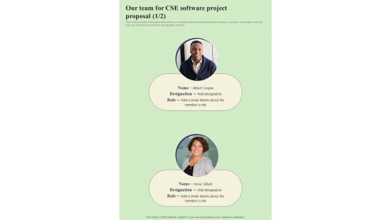 Our Team For Cse Software Project Proposal One Pager Sample Example Document