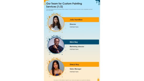 Our Team For Custom Painting Services One Pager Sample Example Document