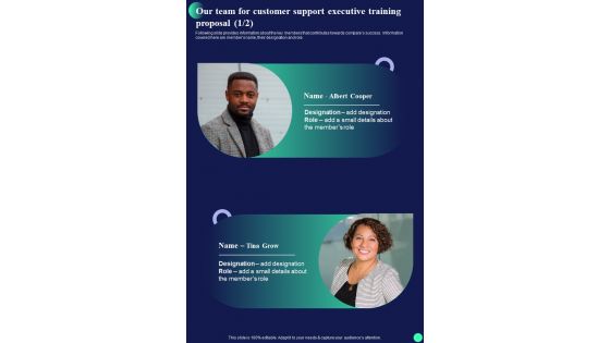 Our Team For Customer Support Executive Training Proposal One Pager Sample Example Document