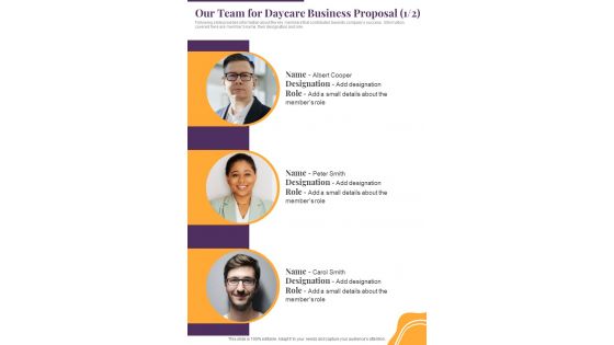 Our Team For Daycare Business Proposal One Pager Sample Example Document